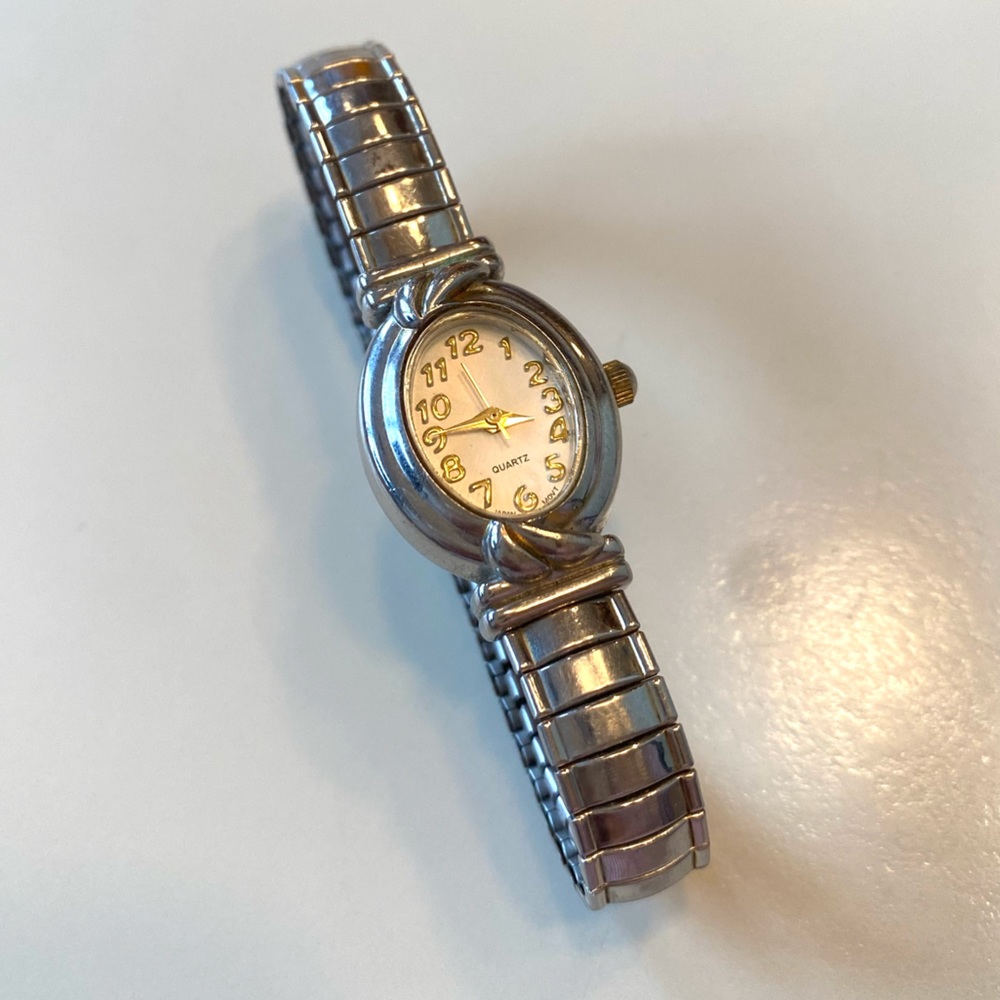 Advance Two Tone Silver Skinny Stretch Link Band Gold Accent Dial Watch
